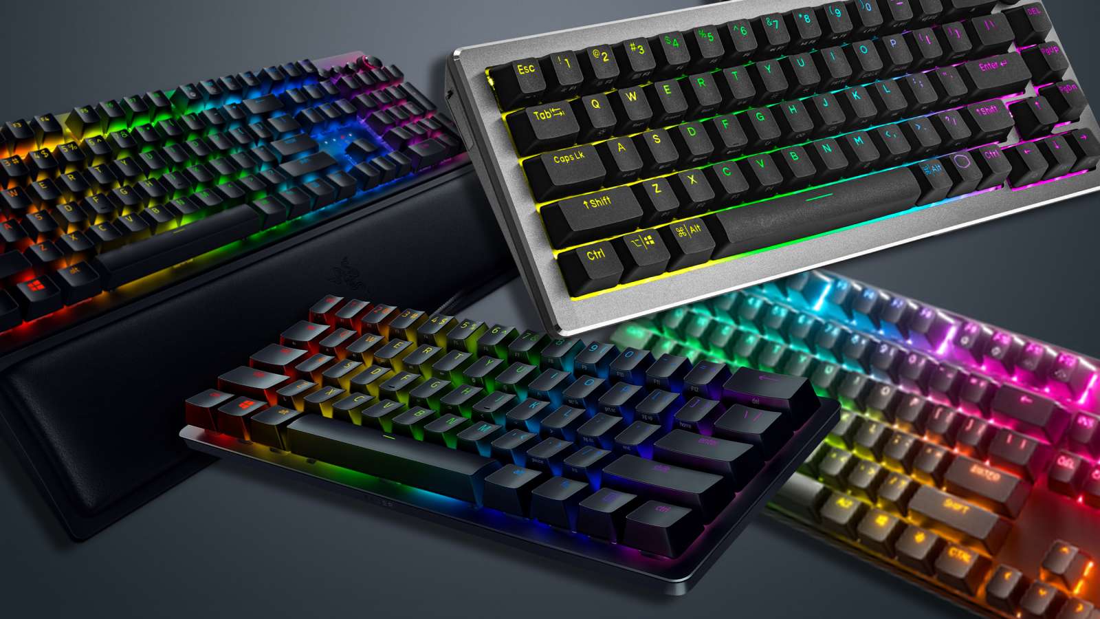 few t Gaming Keyboards stacked together on a dark background