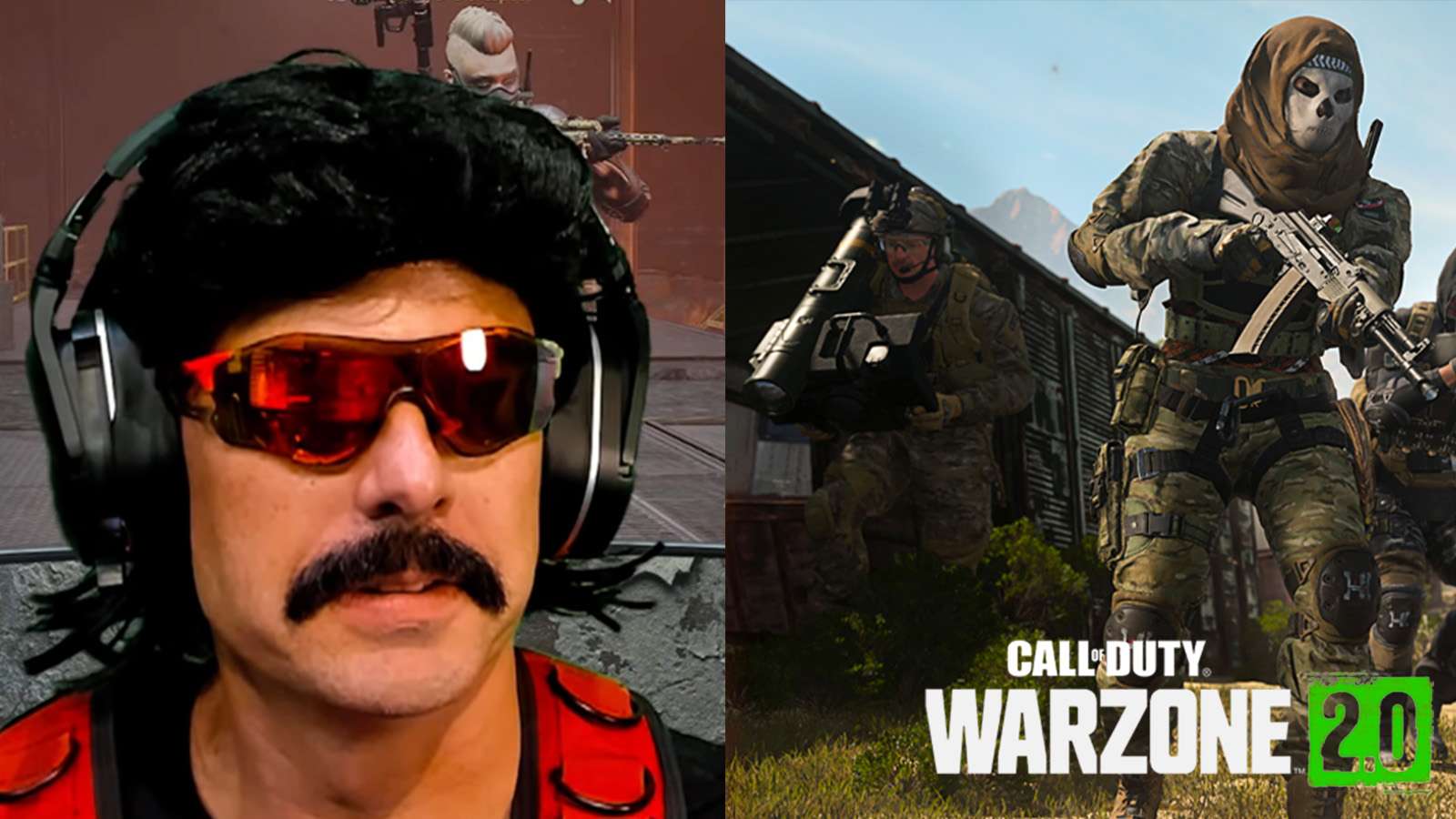 Dr Disrespect next to MW2 character and WZ 2.0 logo