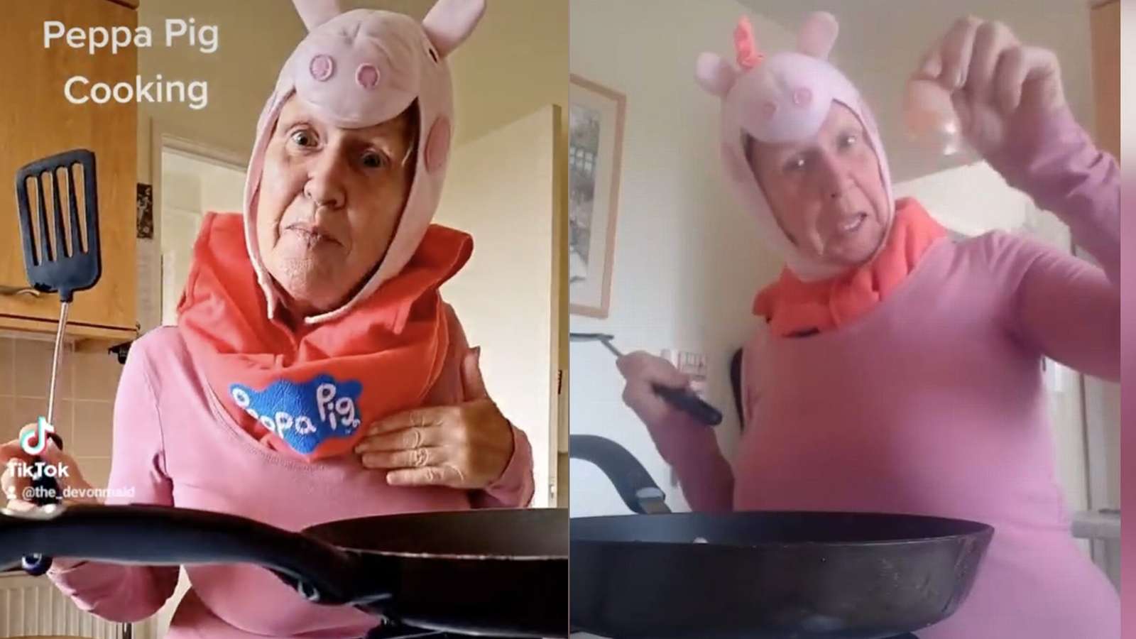 woman cooking bacon in peppa pig costume