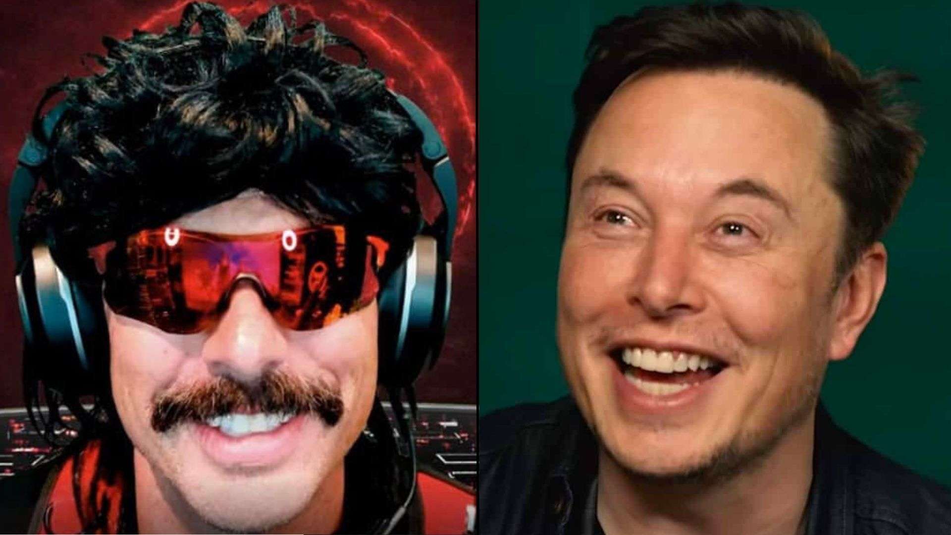 Dr Disrespect and Elon Musk smiling at camera in front of red and green background