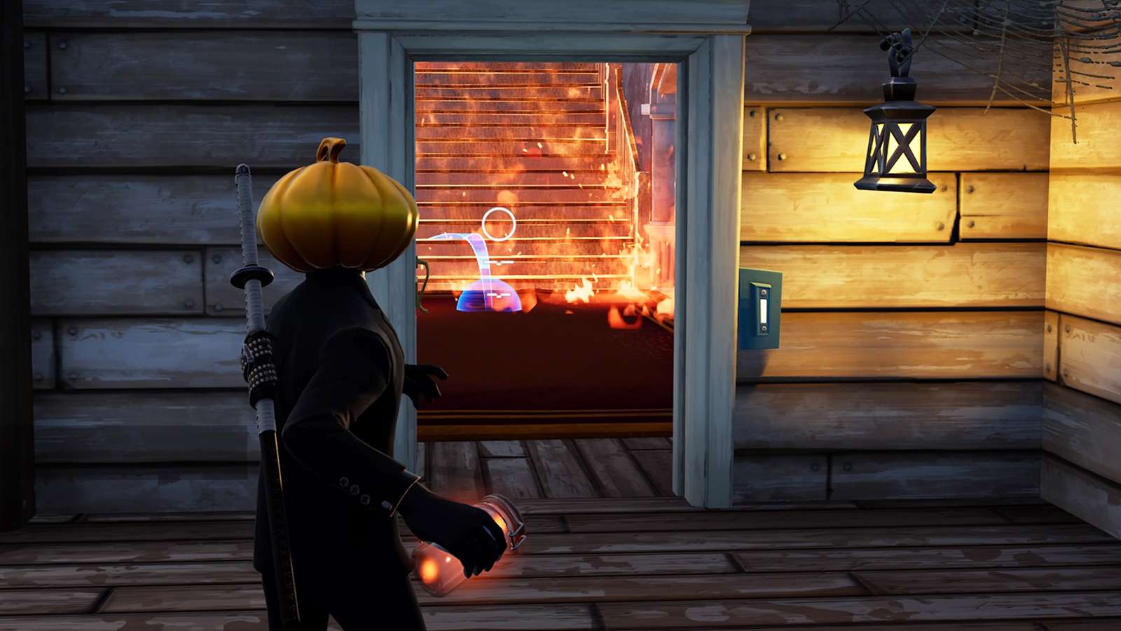 A Fortnite player igniting a structure with a Firefly Jar