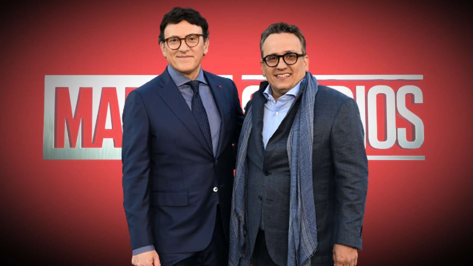 Russo Brothers in front of the MCU logo