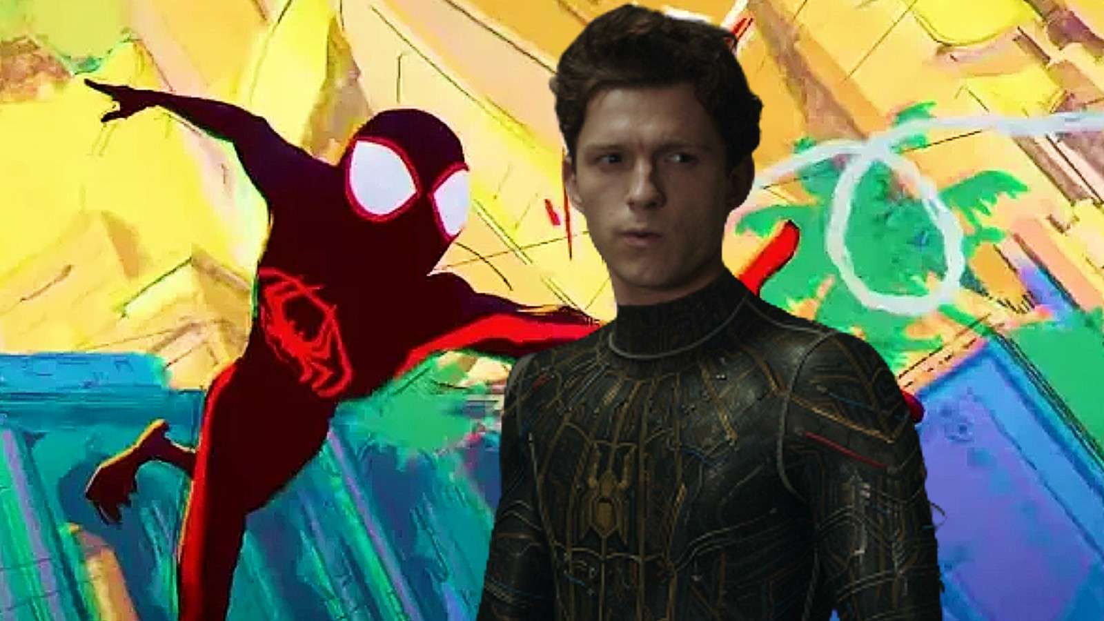 Tom Holland's Spider-Man and a still from Across the Spider-Verse