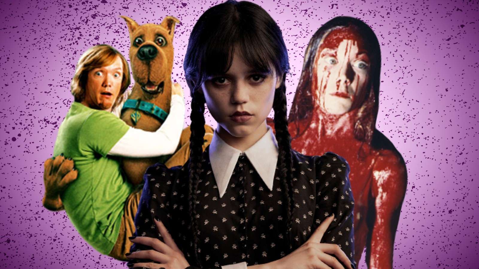 Jenna Ortega in Wednesday, Scooby Doo and Shaggy from the movie, and Carrie
