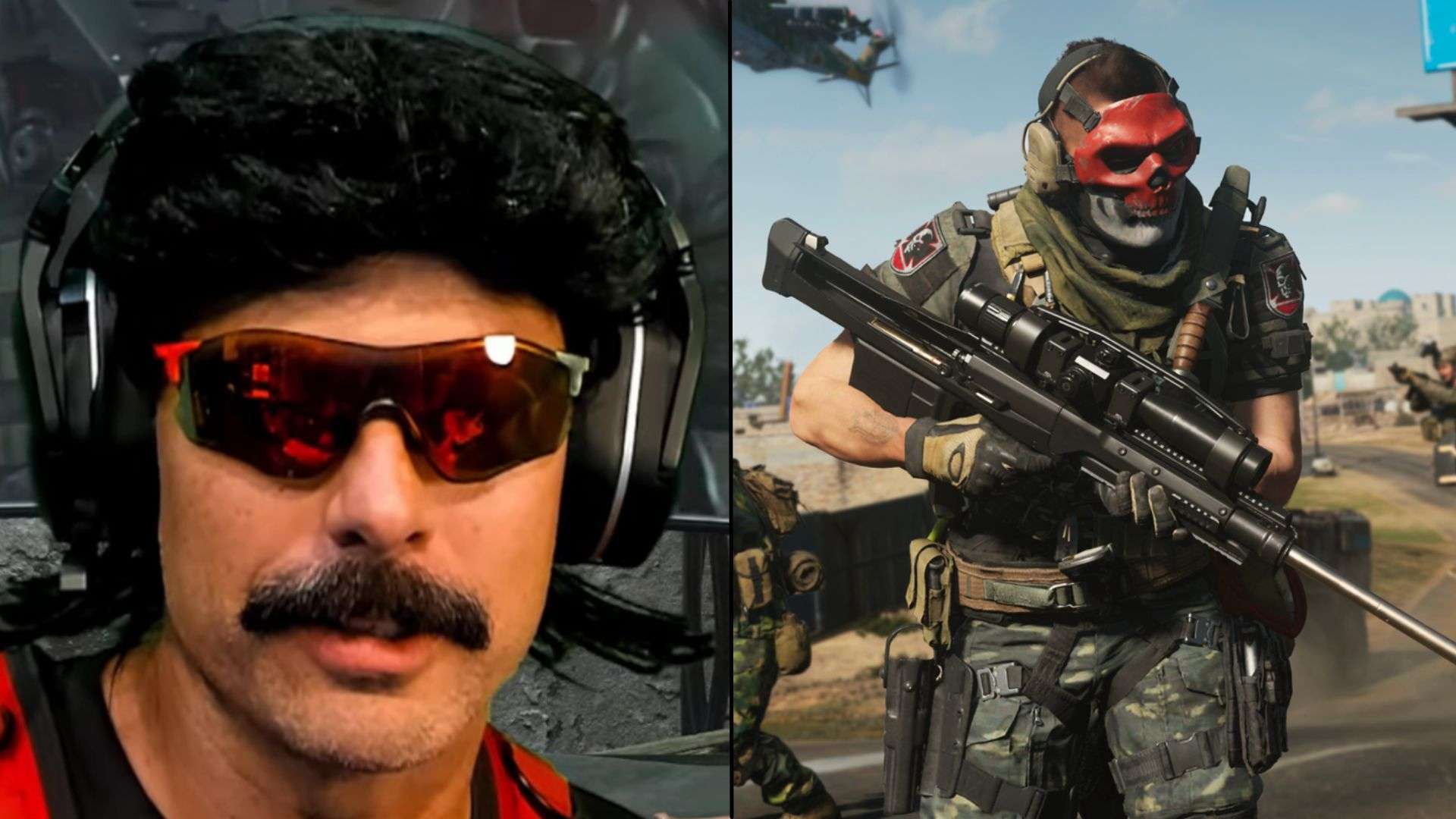 Dr Disrespect looking at camera next to character in Call of Duty Modern warfare 2