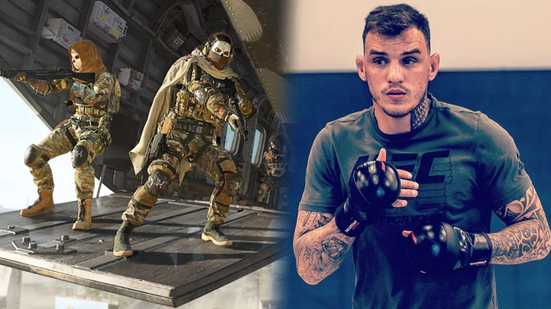 Call of Duty gameplay next to UFC fighter Renato Moicano