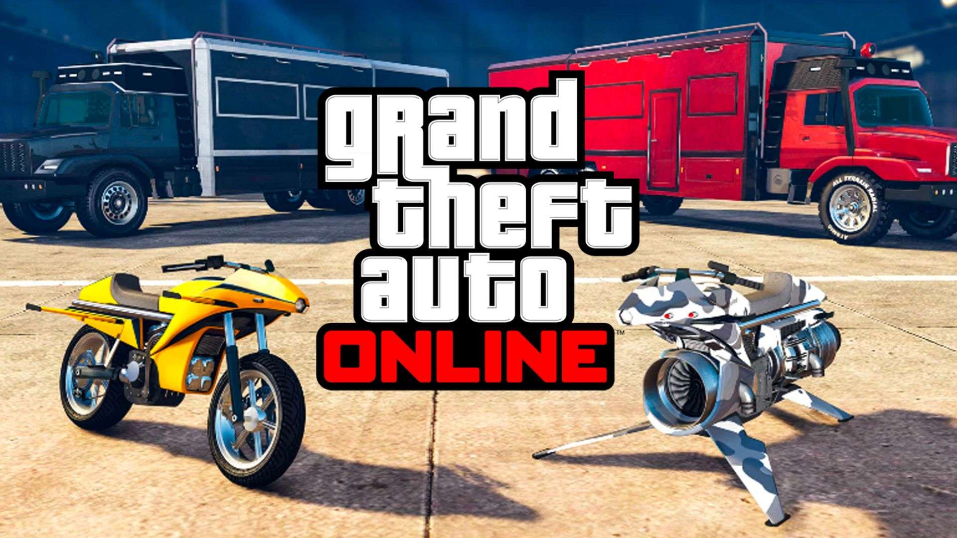 GTA online vehicles parked up and surronded by GTA online logo