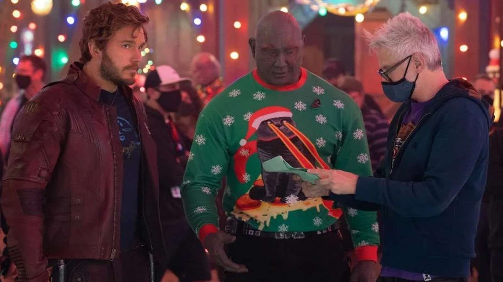 Chris Pratt, Drax and James Gunn on the set of the Guardians of the Galaxy Holiday Special