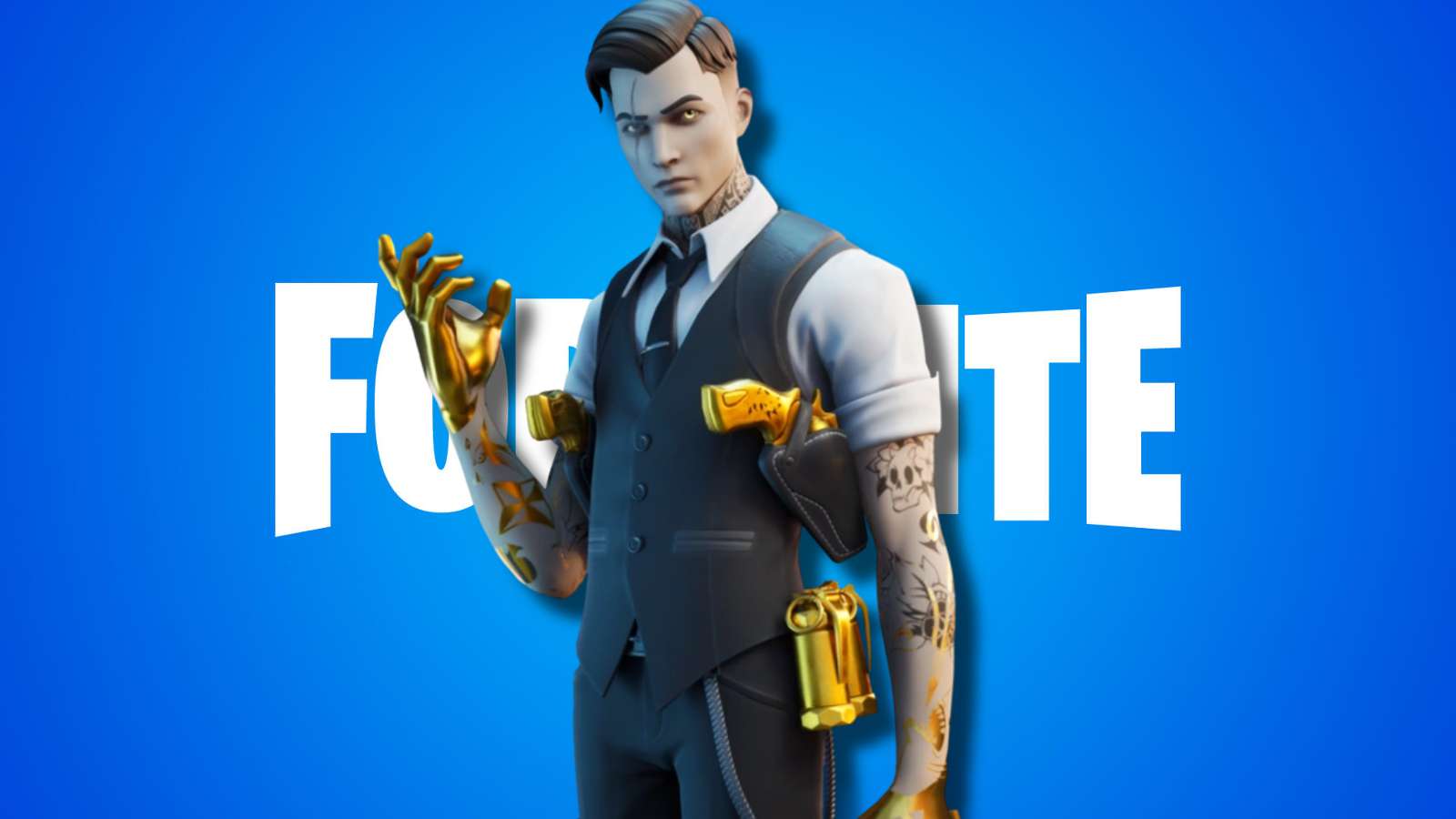 Midas from Fortnite standing over the game's logo.
