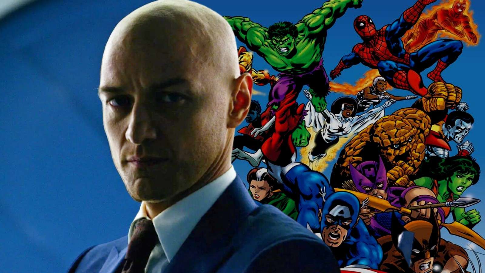 James McAvoy as Professor X and a still from the Avengers: Secret Wars comic