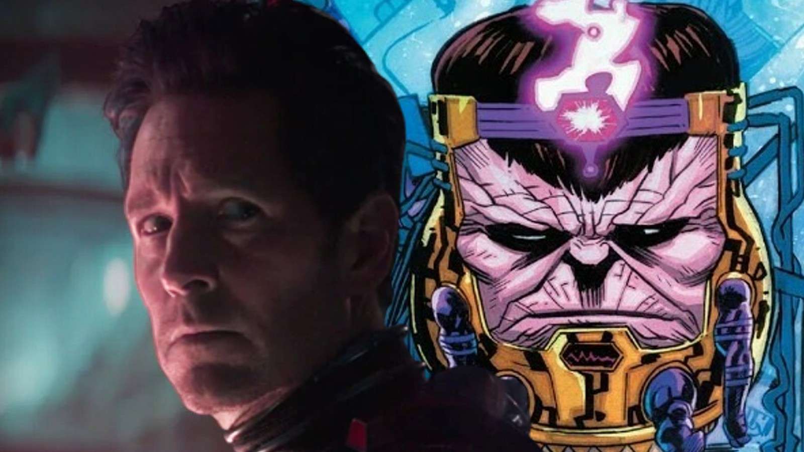 Paul Rudd in Ant-Man 3 and a still of MODOK from the comics
