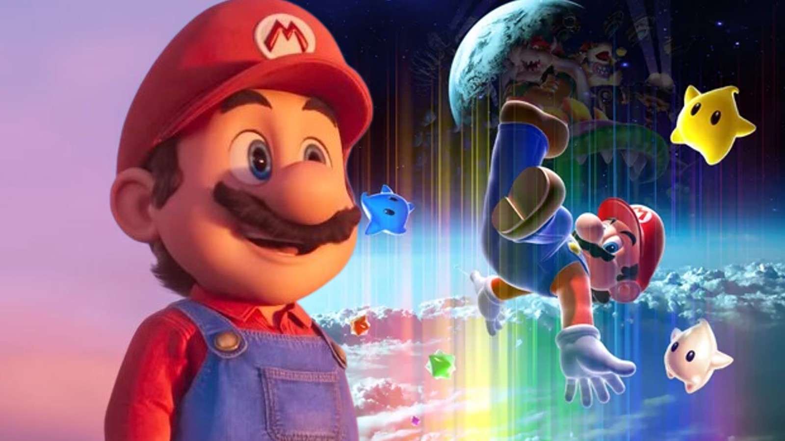 Mario in the Super Mario Bros and Mario and Lumas in Super Mario Galaxy