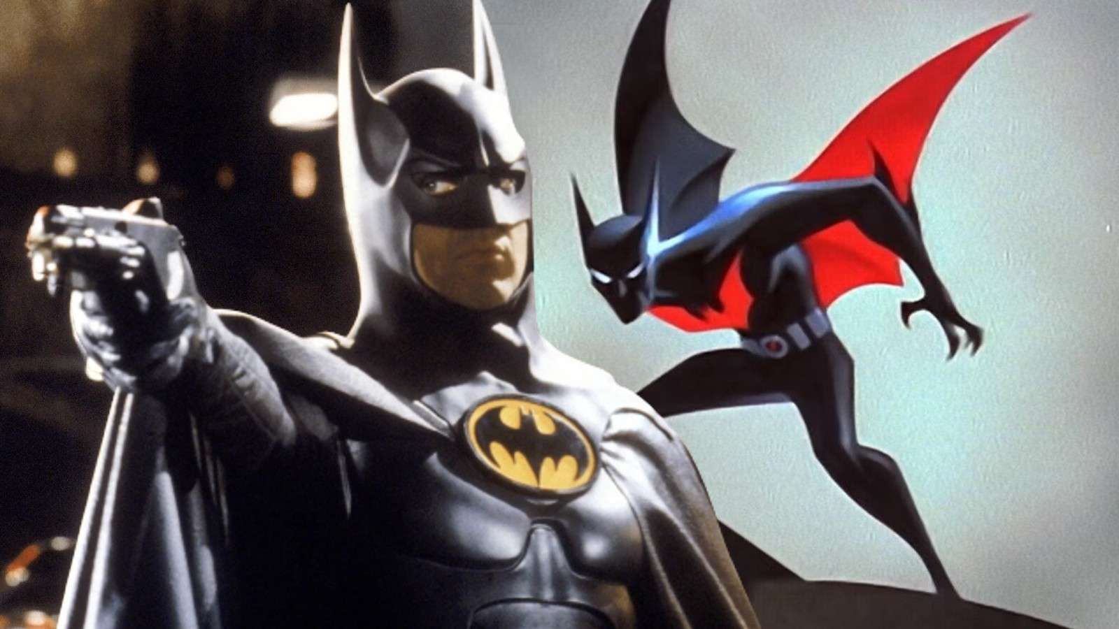Michael Keaton as Batman and a still from Batman Beyond