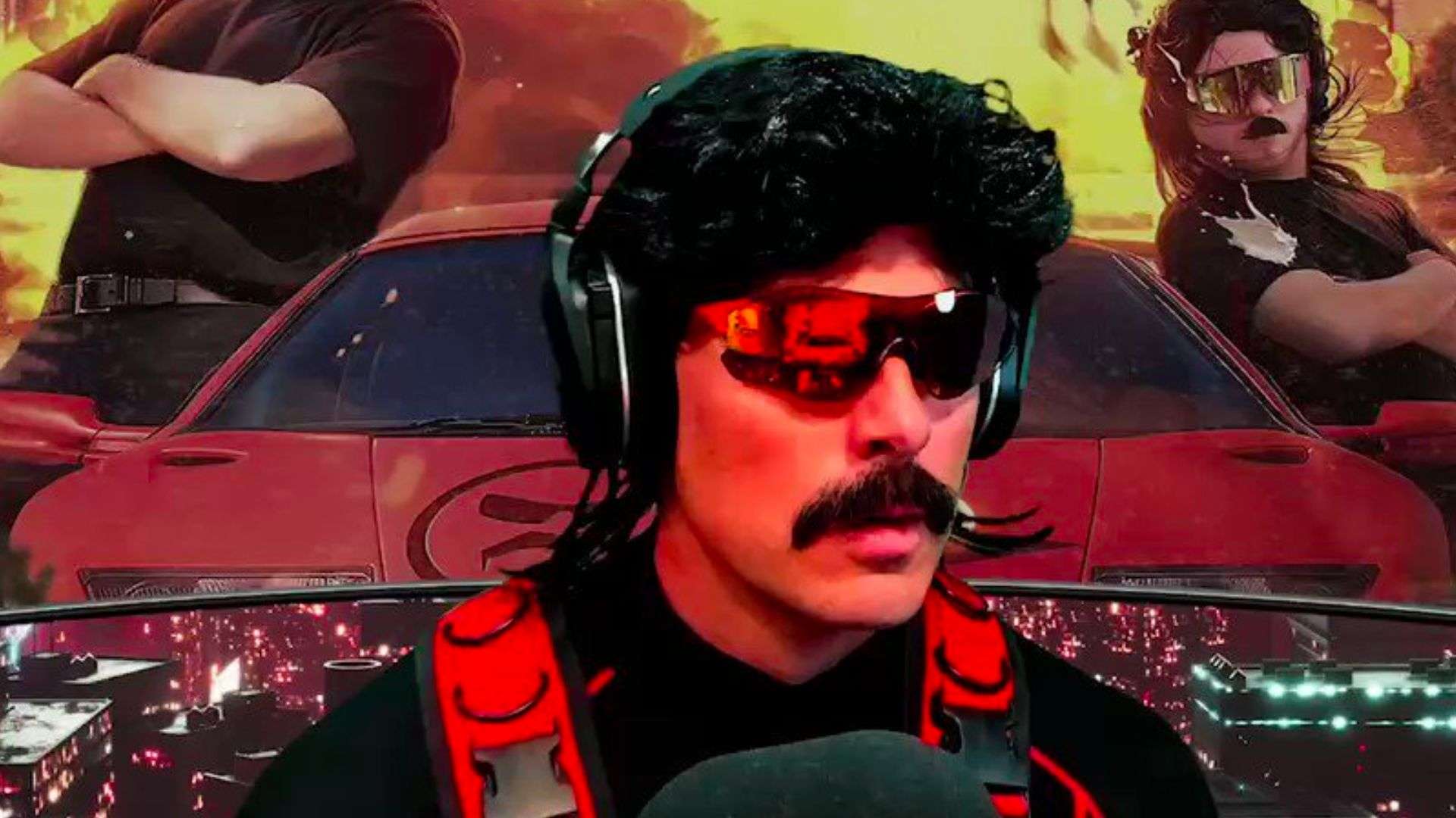 Dr Disrespect lookingdown at screen next to him in red car