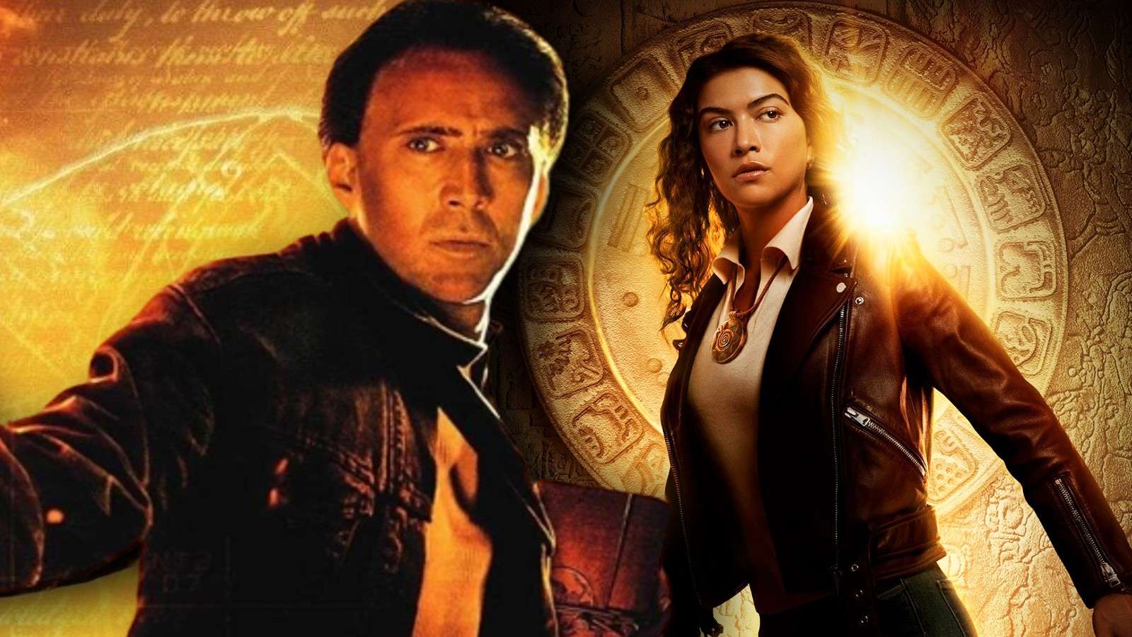 Nicolas Cage in National Treasure and a poster for National Treasure: Edge of History