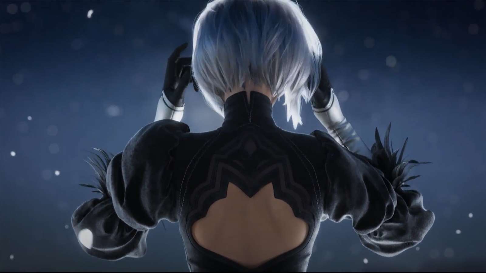 A screenshot from a trailer of a character from Nier