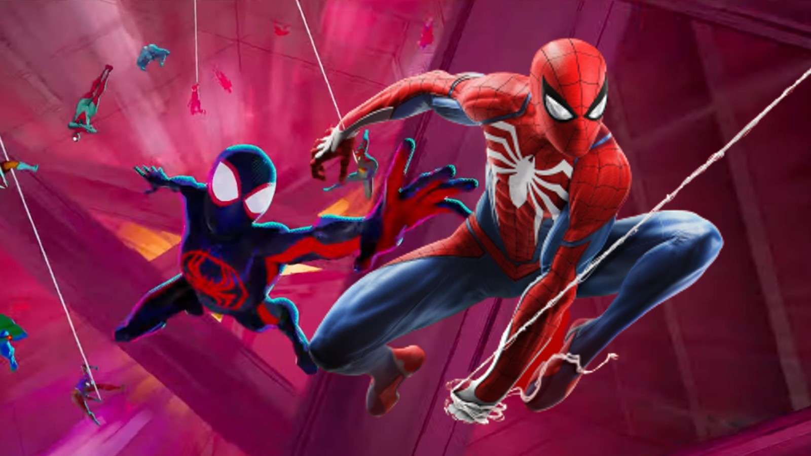 A still from the Spider-Man Across the Spider-Verse trailer and Insomniac's Spider-Man