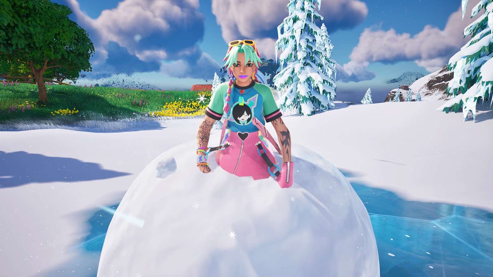 A Fortnite player hiding in a Giant Snowball