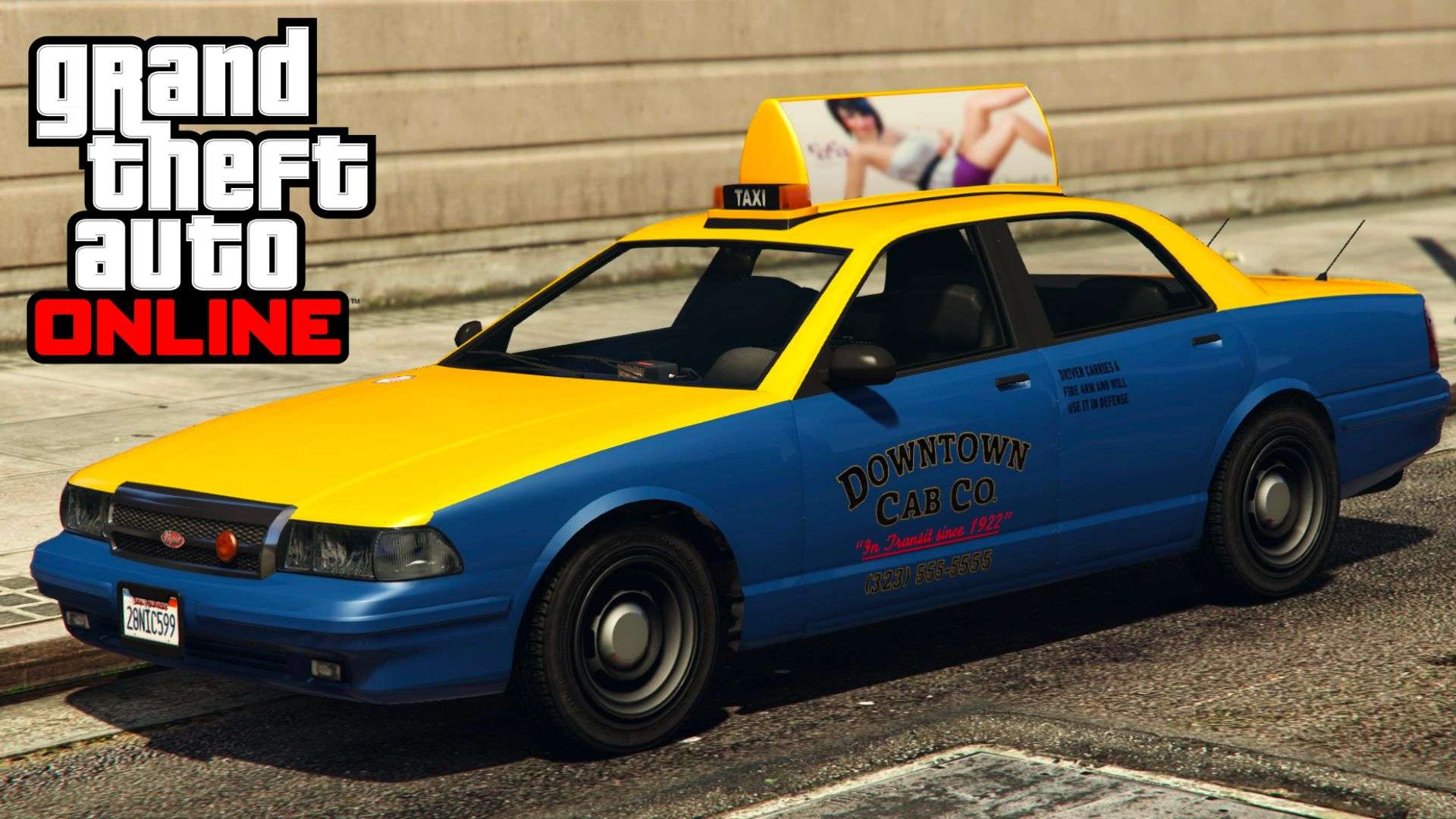 Yellow and blue taxi in GTA Online parked up