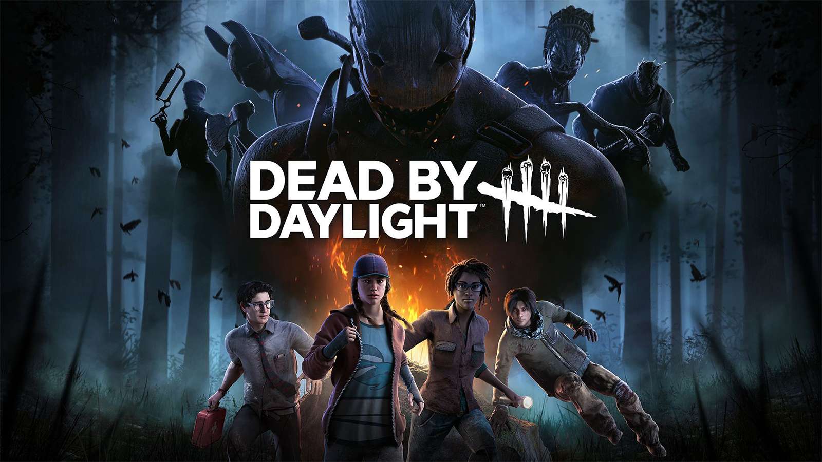 Key art for Dead by Daylight featuring Survivors and Killers