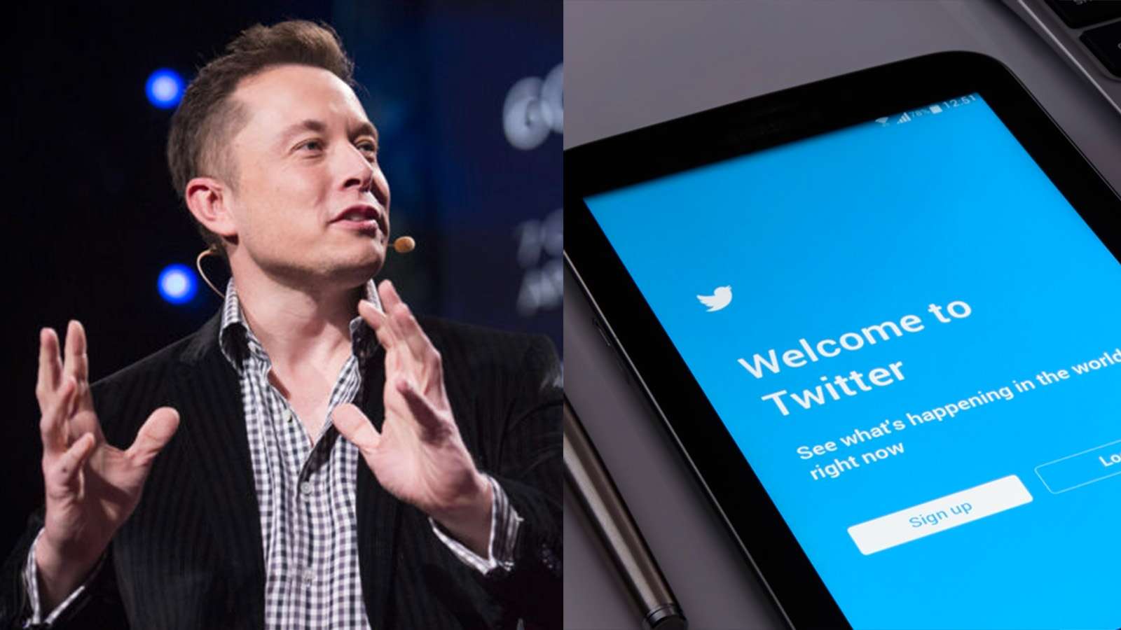Elon Musk speaking next to Twitter on a phone