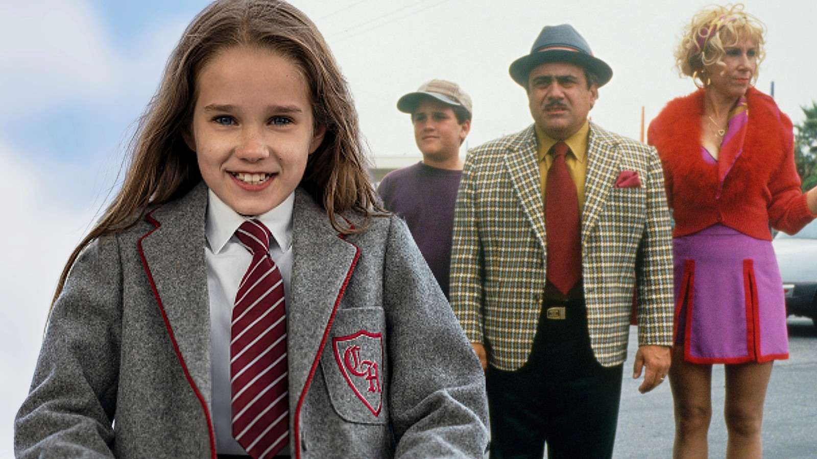 Alisha Weir as Matilda in the 2022 musical and the cast of the 1996 movie