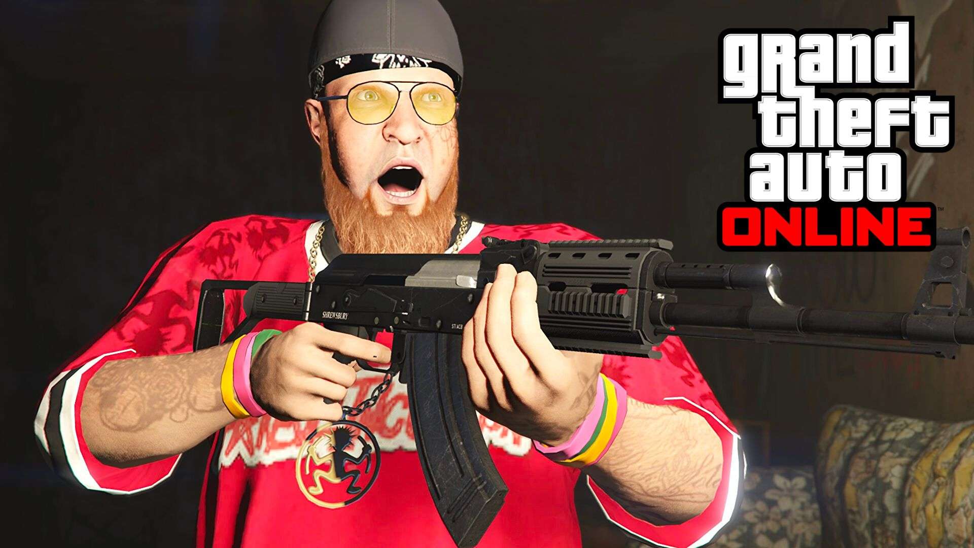Dax in GTA Online holding assault rifle and shouting