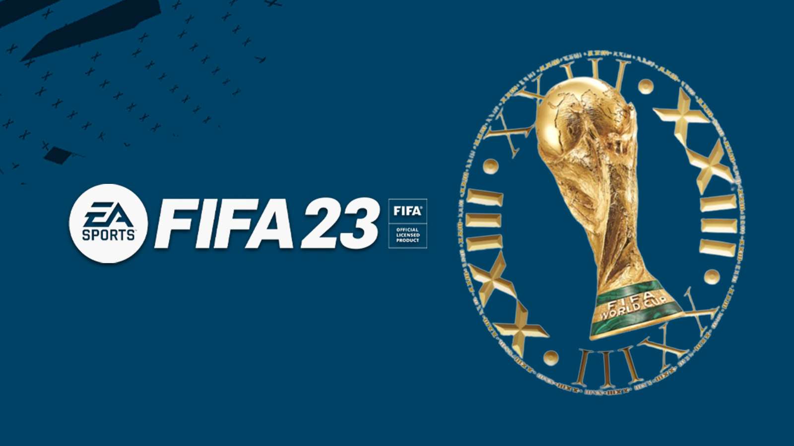 FIFA 23 logo and World Cup event logo on blue background