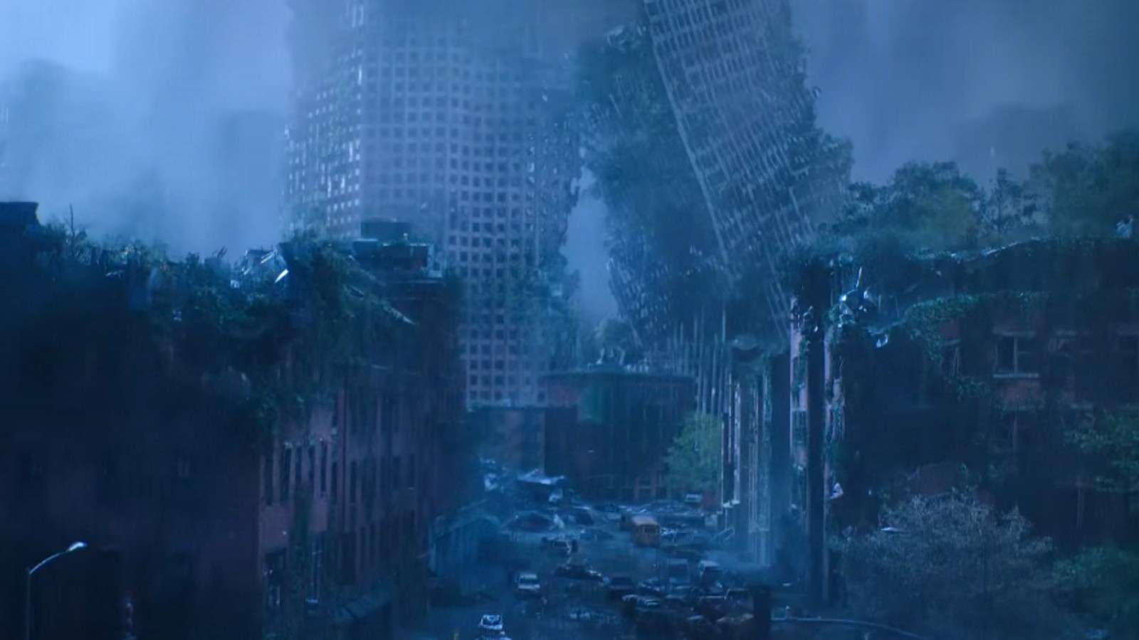 The end shot of The Last of Us Episode 1, showing the ruined cityscape