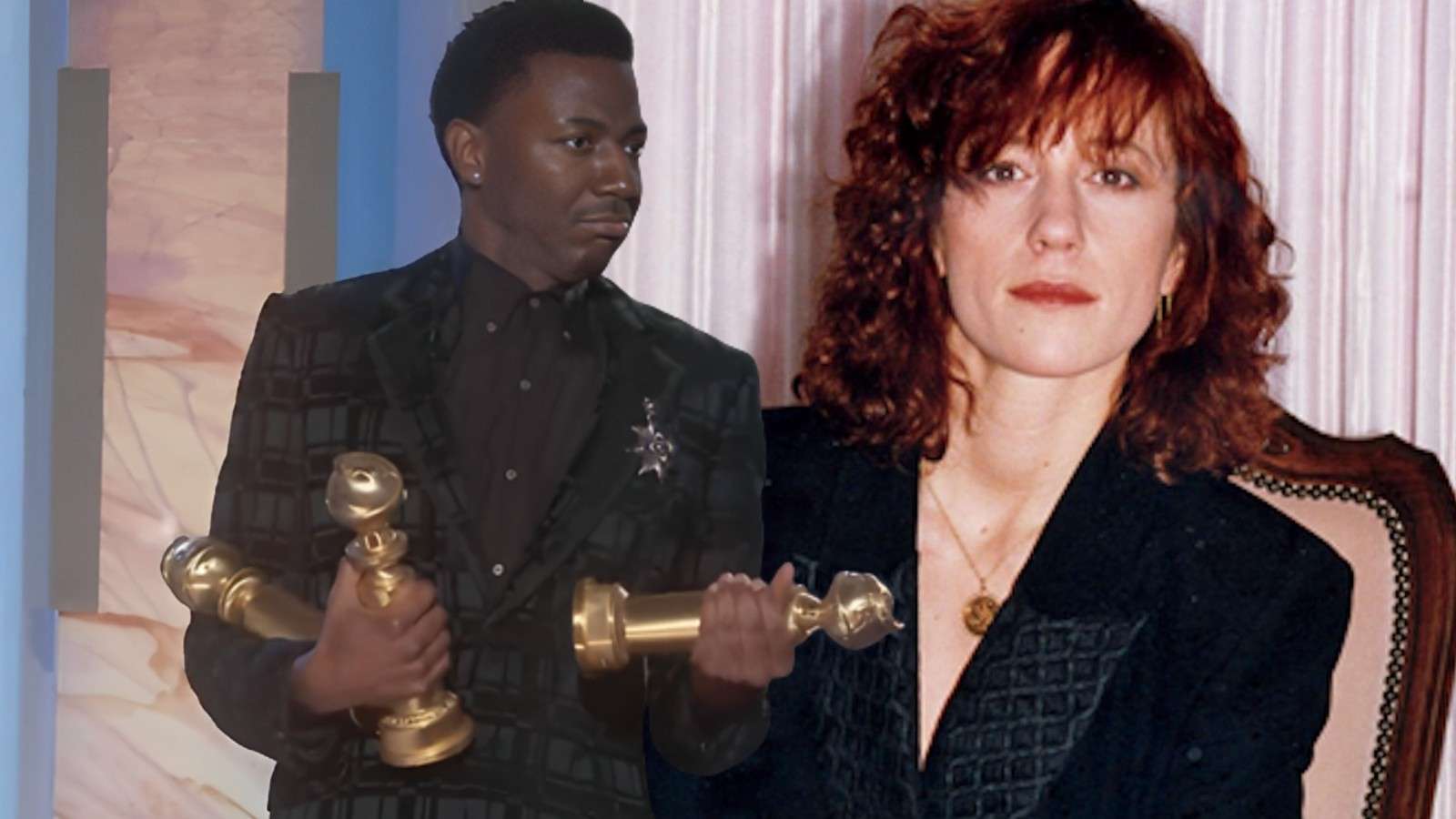 Jerrod Carmichael at the Golden Globes and an image of Shelly Miscavige