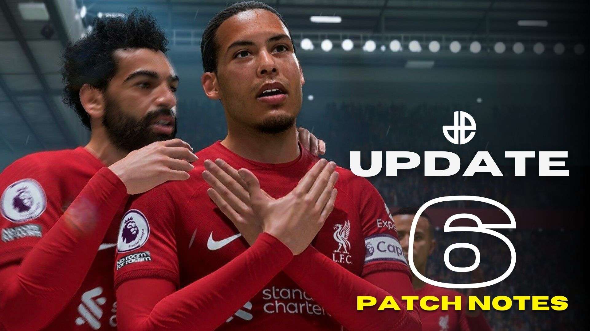 Virgil Van Dijk and Salah in FIFA 23 next to patch notes text
