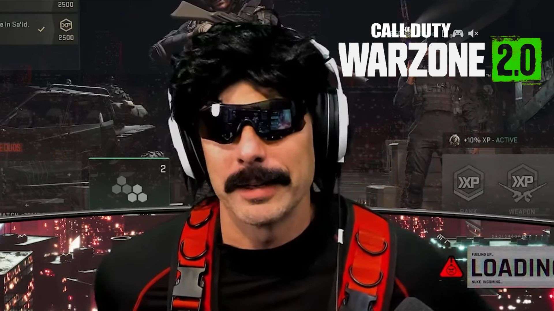 Dr Disrespect talking to camera in front of Warzone 2 loading screen