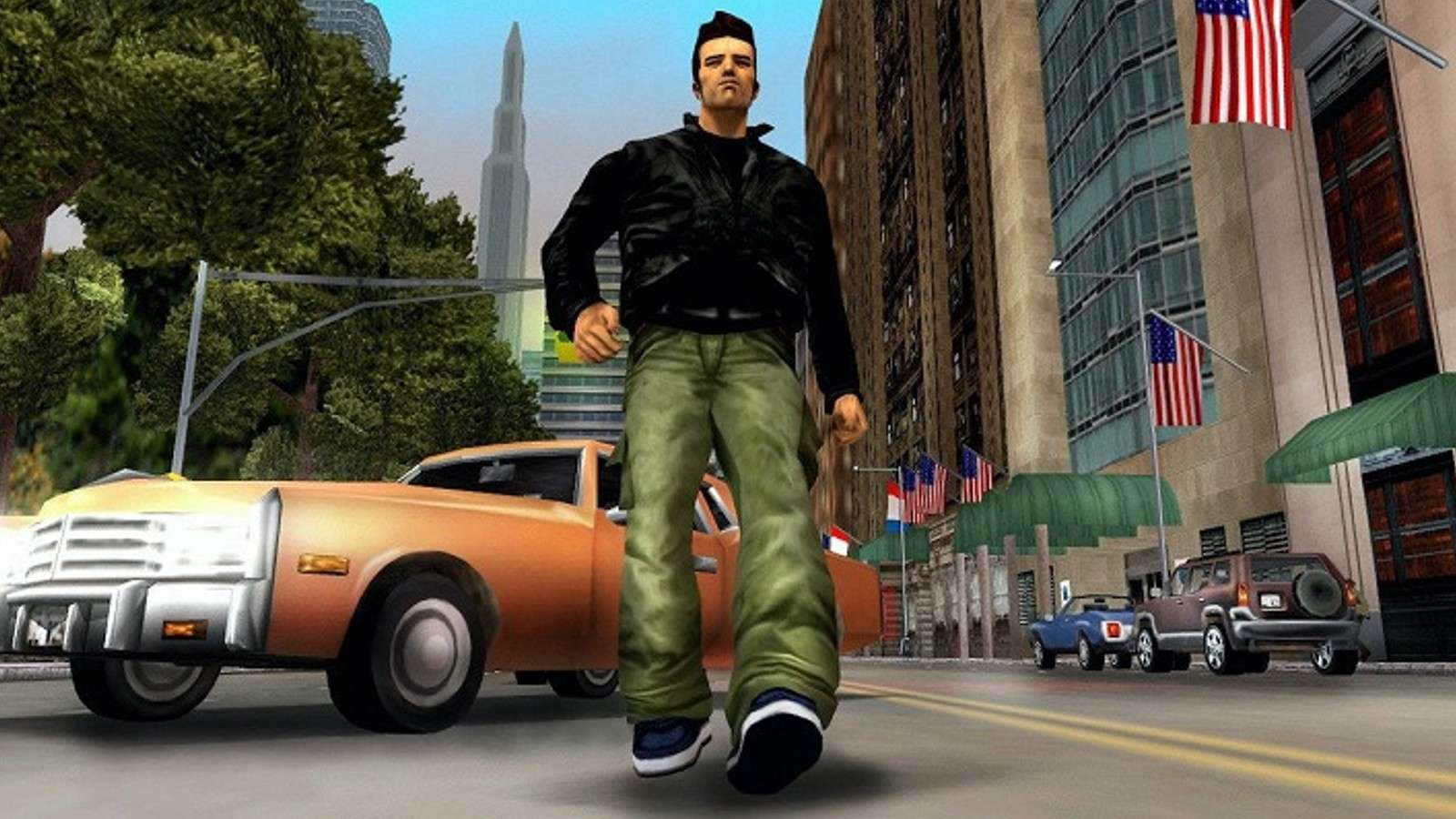GTA Trilogy: The Definitive Edition's Claue taking on the streets of Liberty City.
