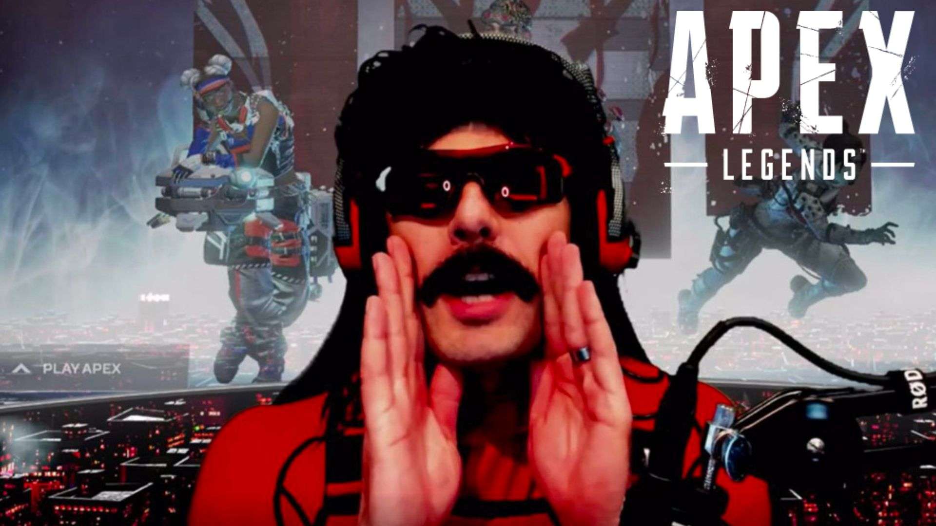Dr Disrespect with hands on his face in front of Apex Legends menu