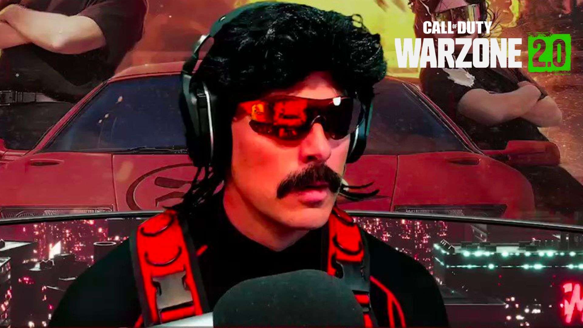 Dr Disrespect sat in front of YouTube video with car and Warzone 2 logo