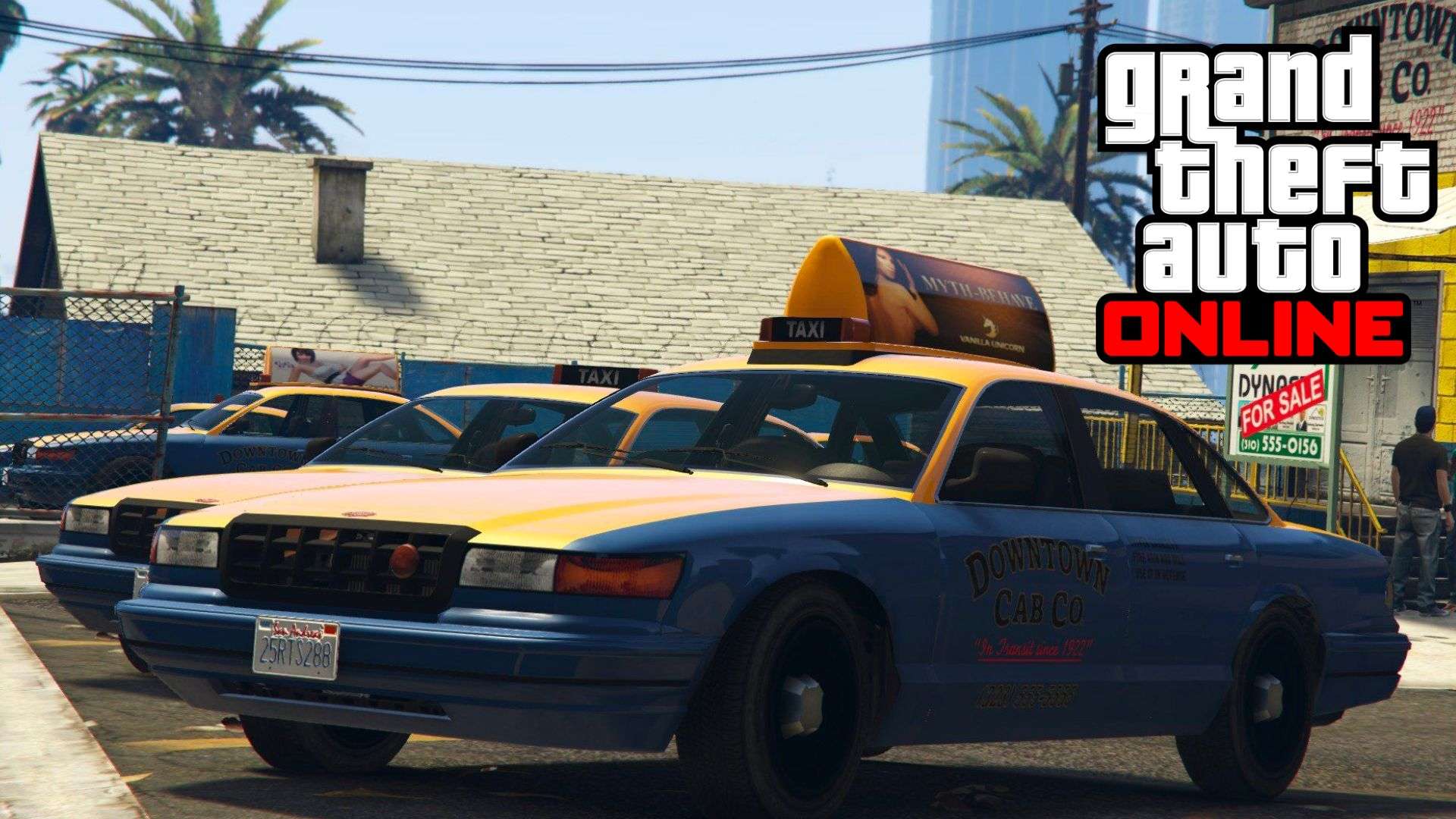 Yellow and blue taxi parked at taxi company in GTA online