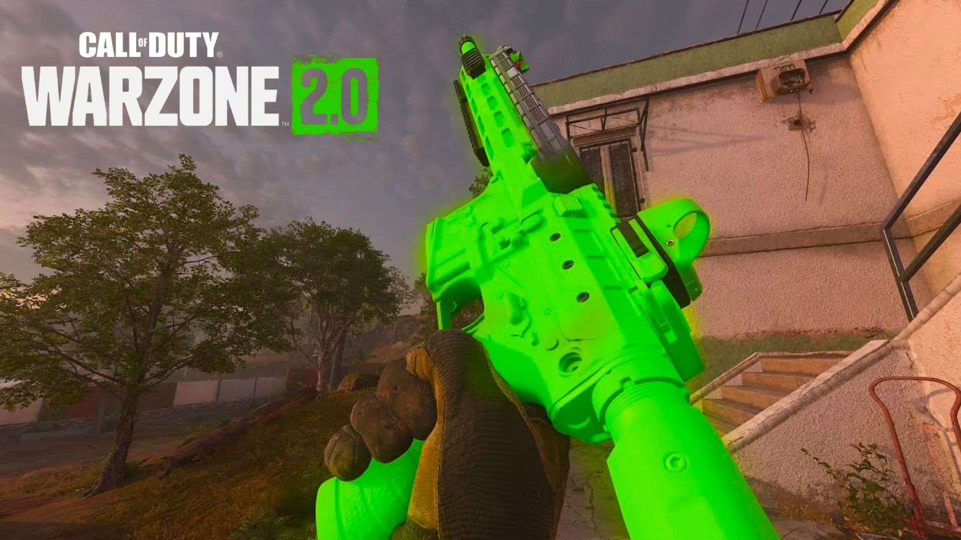 Neon green gun in Warzone 2 being pointed at the sky