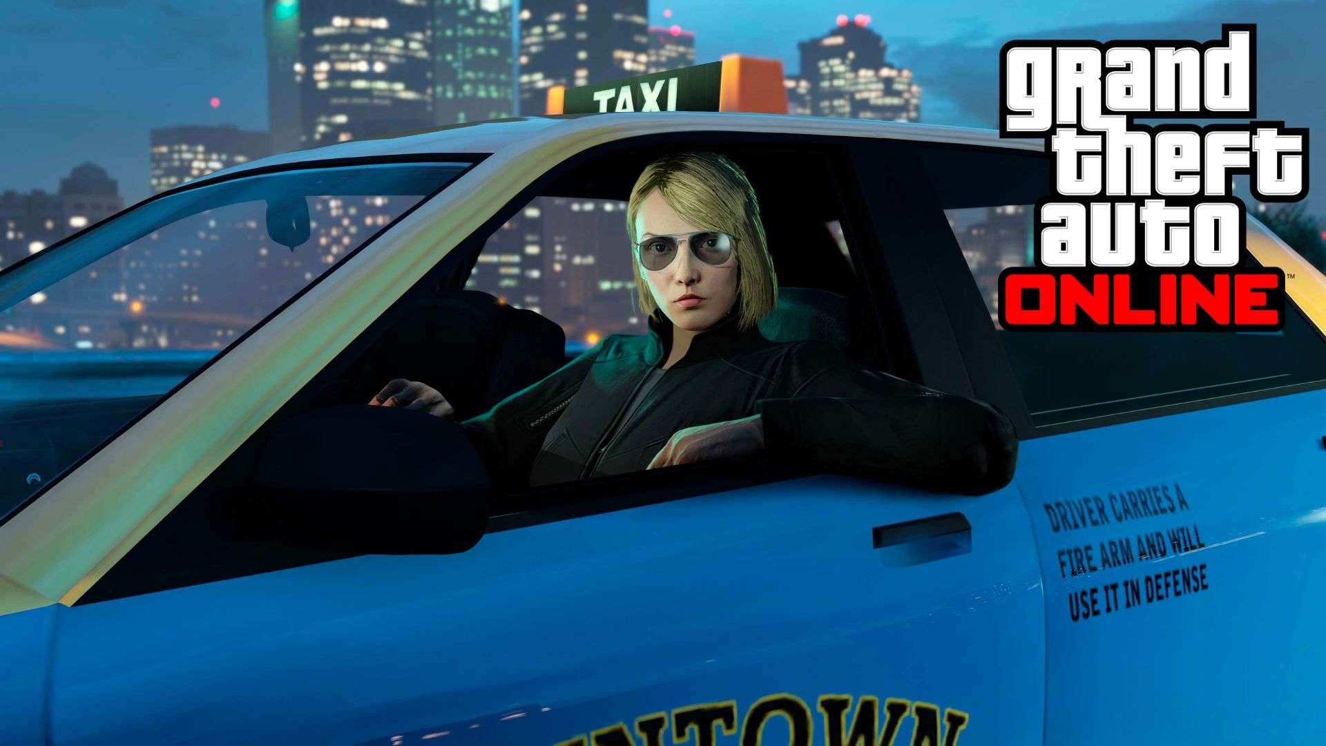 GTA online character sitting in blue taxi