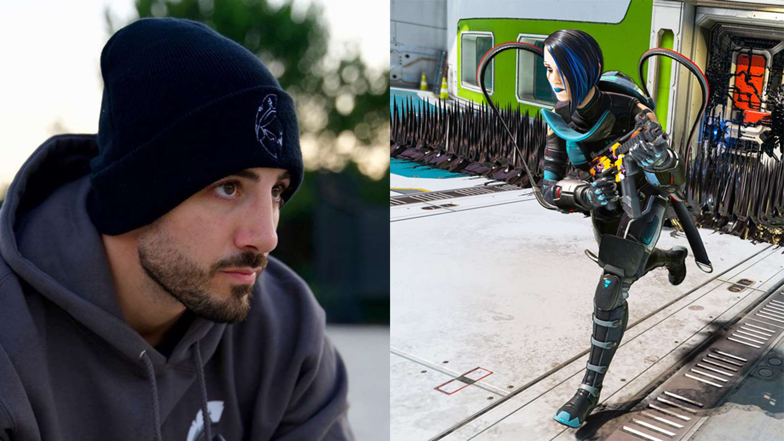 NICKMERCS in MFAM clothing next to Catalyst from Apex Legends