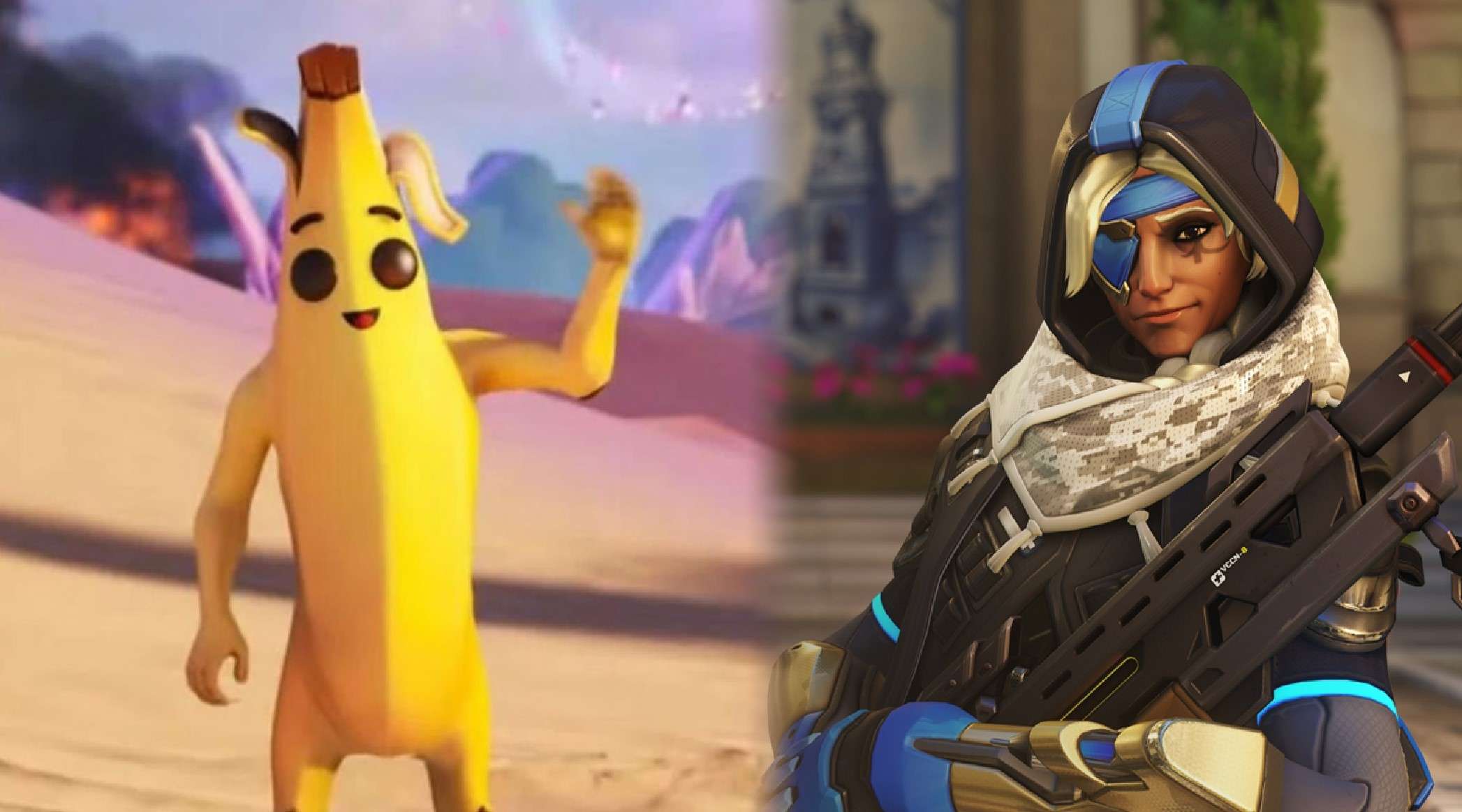 Fortnite Peely skin next to Ana in Overwatch 2