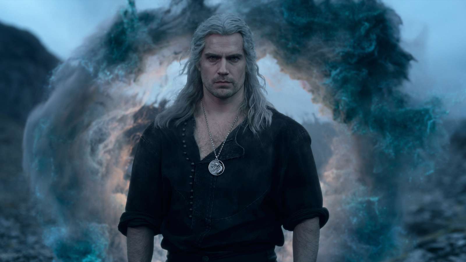 A close up of Henry Cavill as Geralt of Rivia in The Witcher