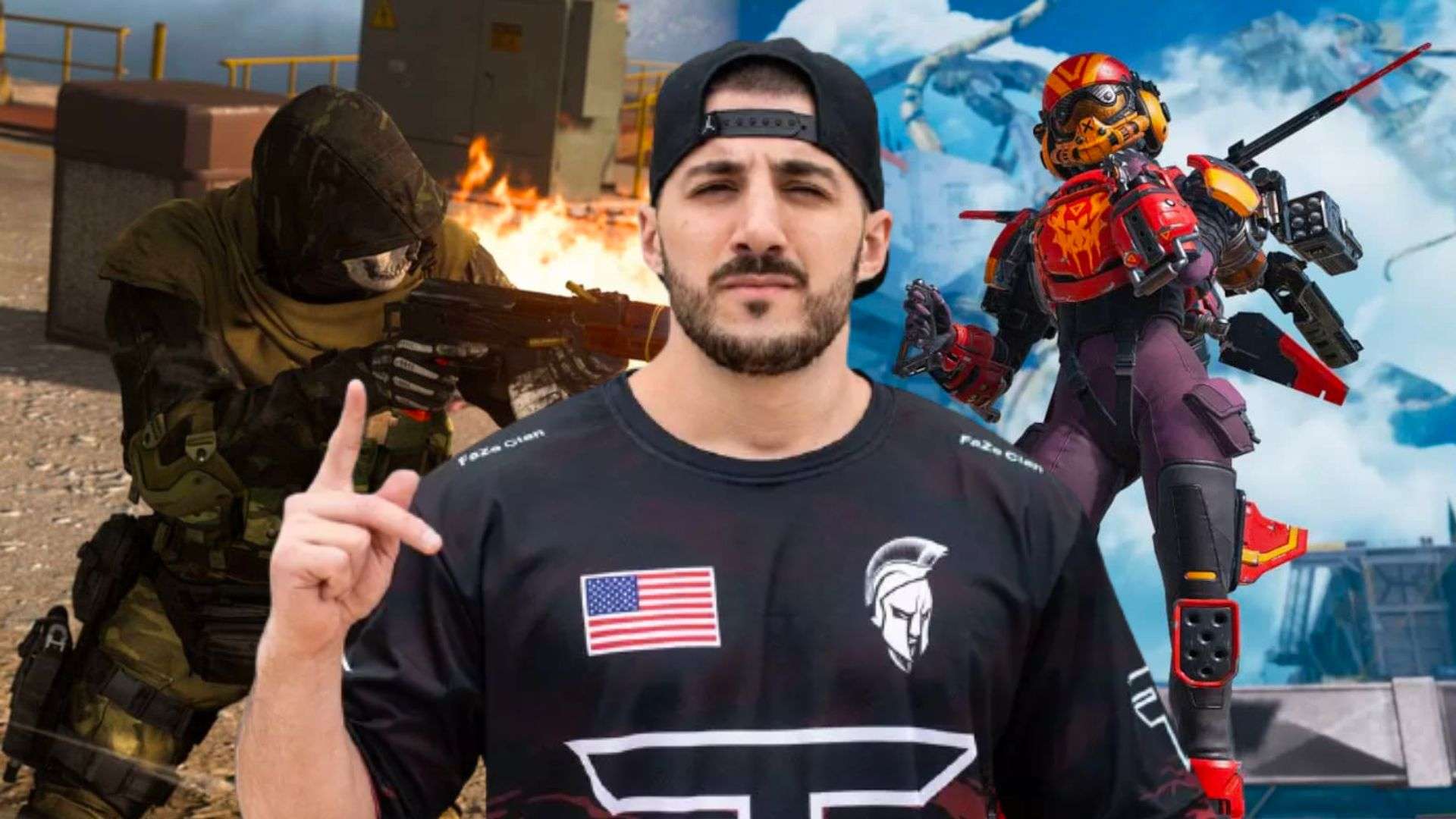 NICKMERCS in FaZe shirt in front of Warzone and Apex Legends characters