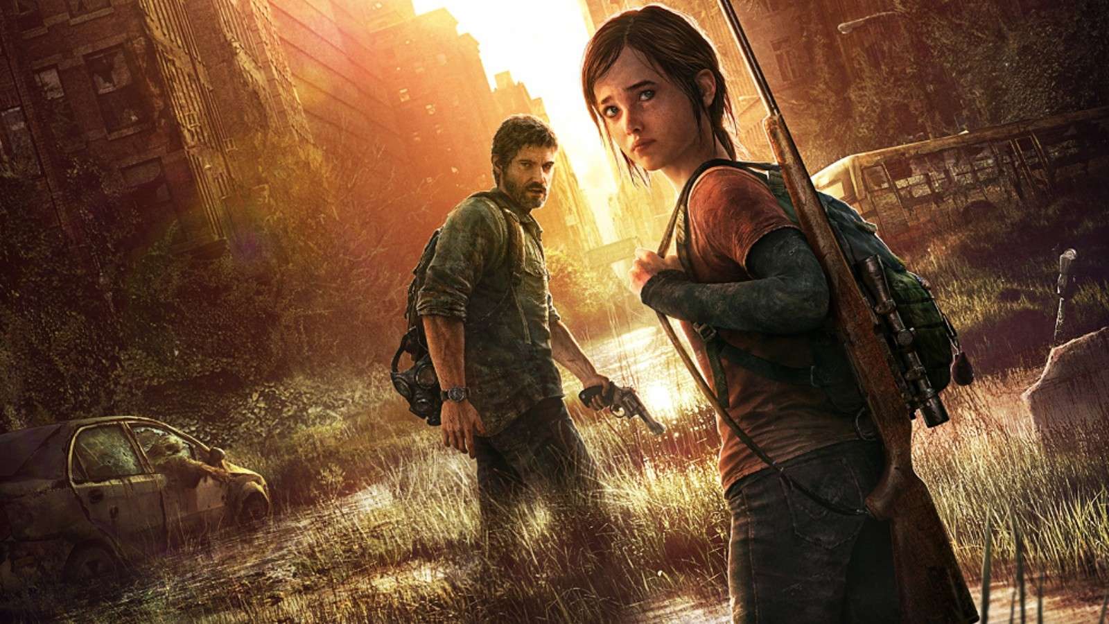 Official artwork from The Last of Us featuring Joel and Ellie.
