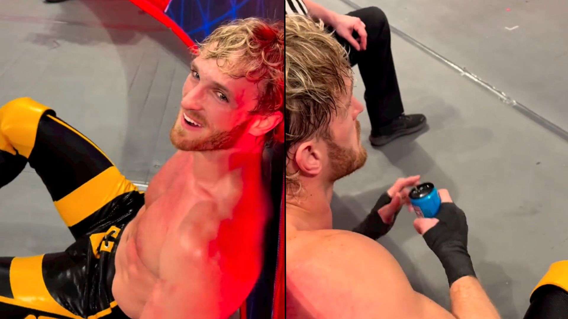 Logan Paul sat outside WWE ring in yellow and black outfit drinking blue prime