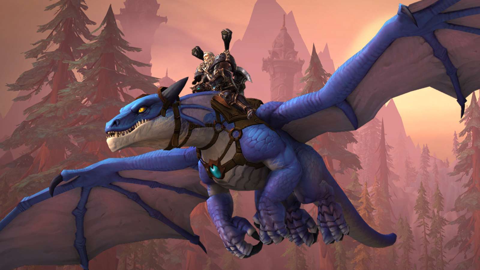 A player with high Gearscore rides a dragon in World of Warcraft