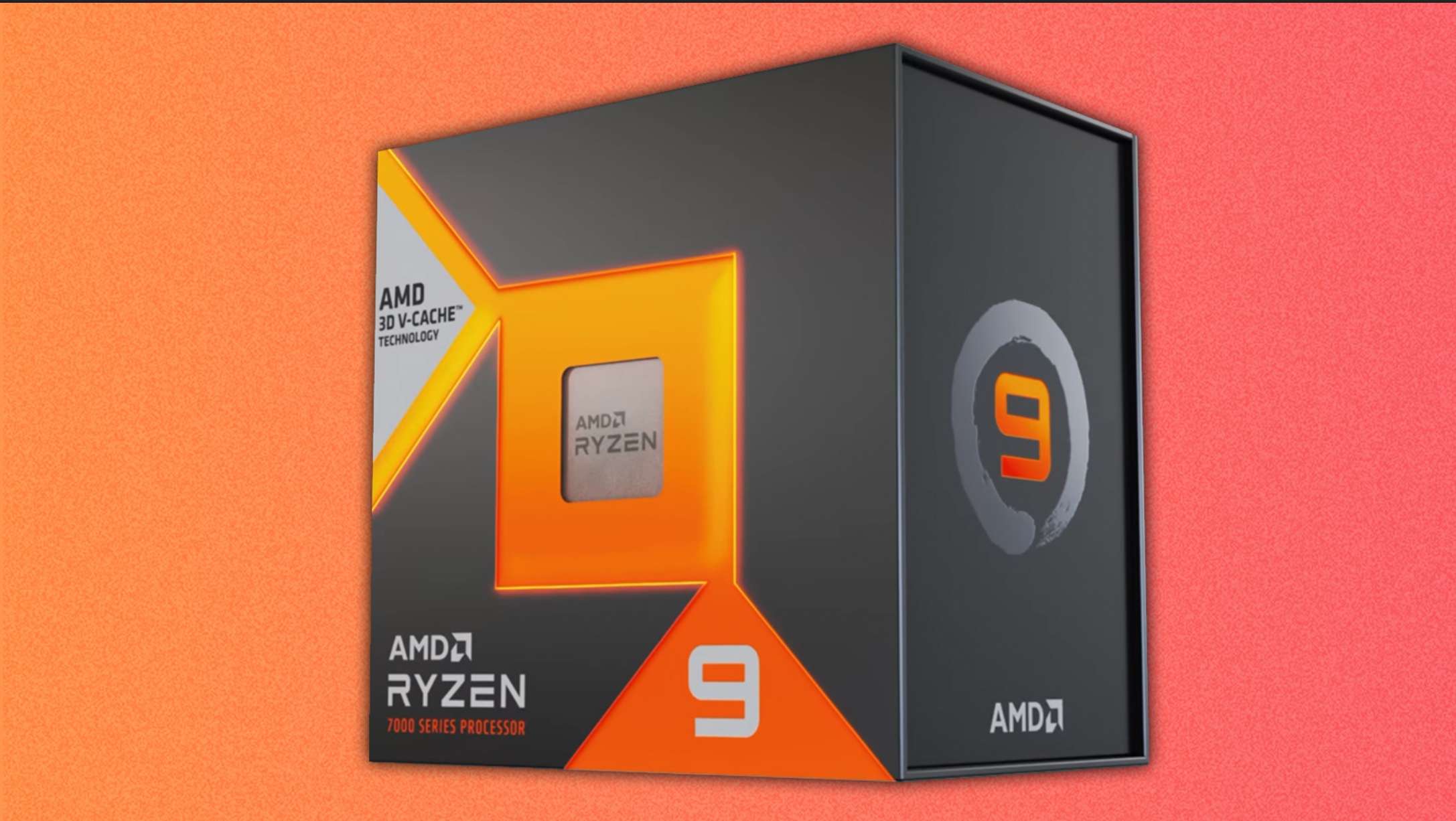 Box for a AMD Ryzen 7000X3D CPU with an orange background.