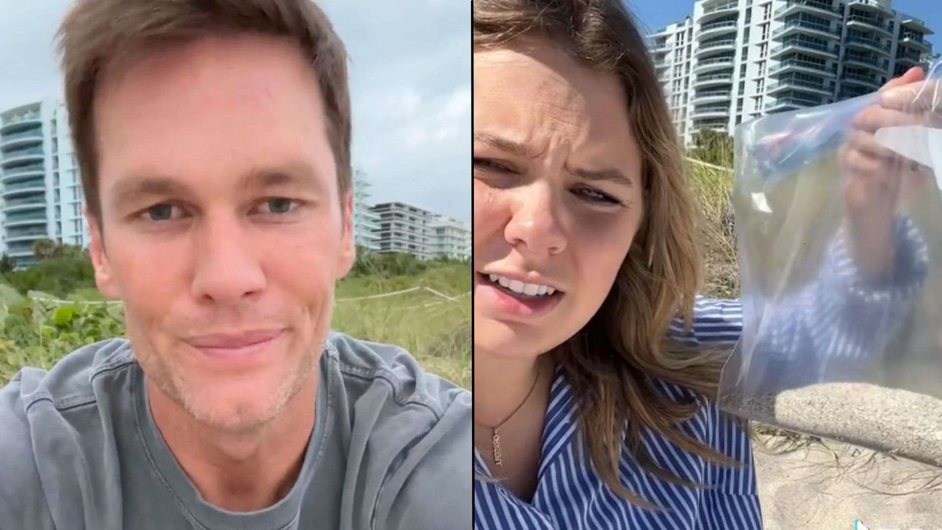 Tom Brady sat on beach in retirement video side-by-side with woman holding bag of sand