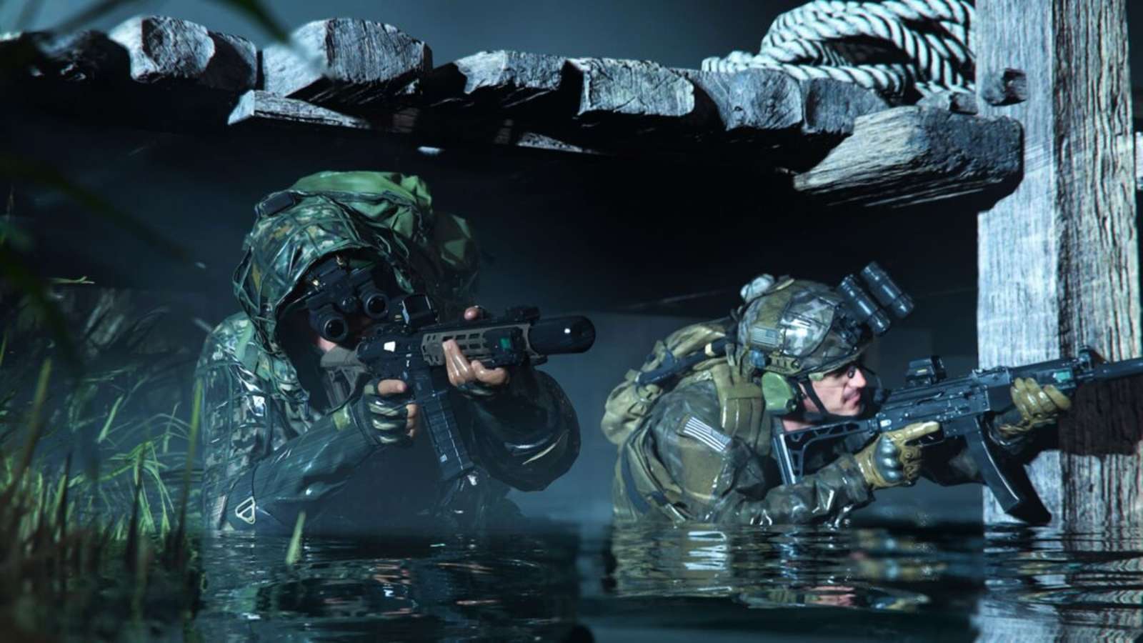 Modern Warfare 2 operators in murky water at night