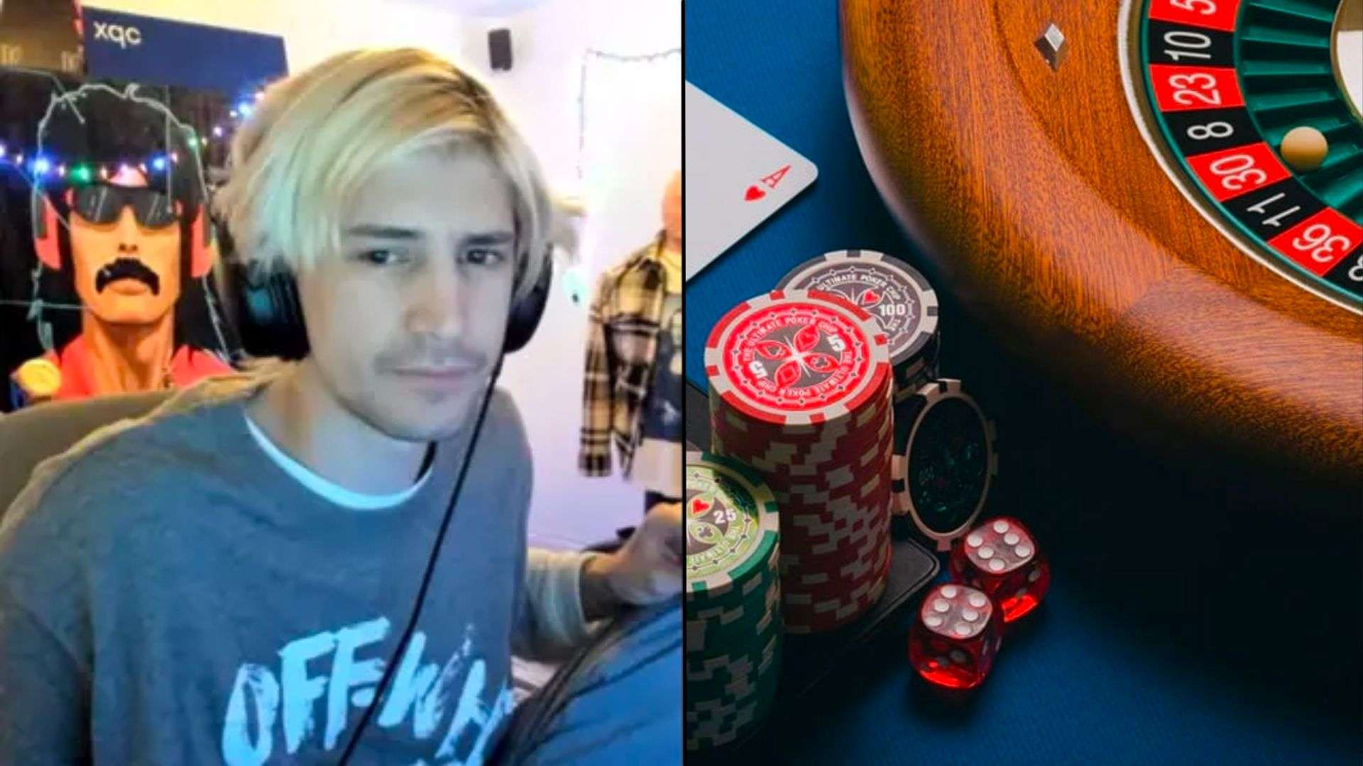 xQc in off-white shirt side-by-side with roulette wheel and gambling chips