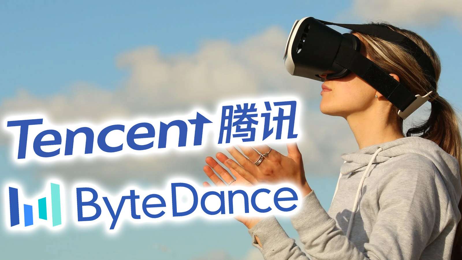 woman wearing VR headset with tencent and bytedance logos